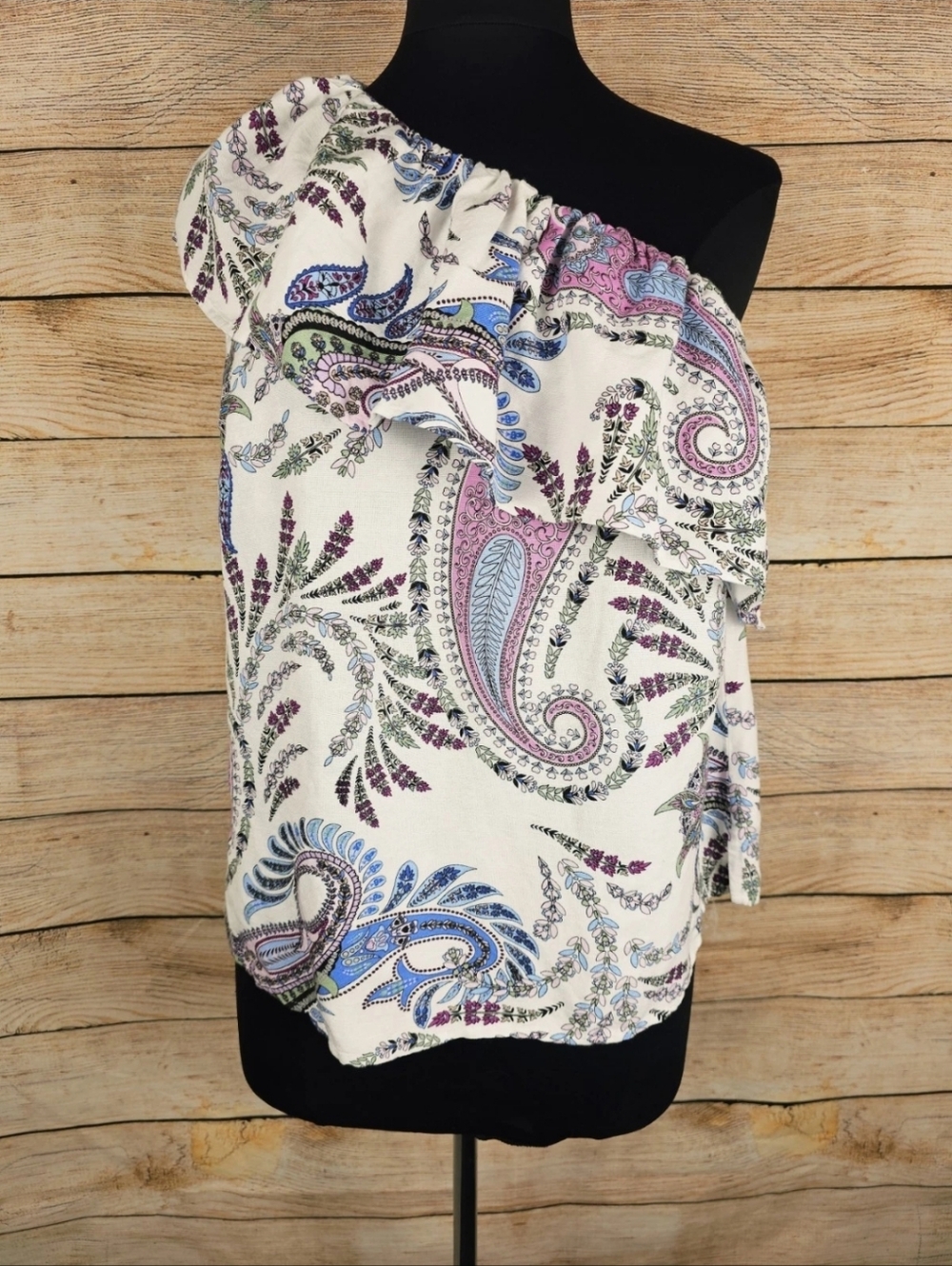 Ann Taylor LOFT NWT One Shoulder Ruffle Paisley Print Linen Blend Top Size S
